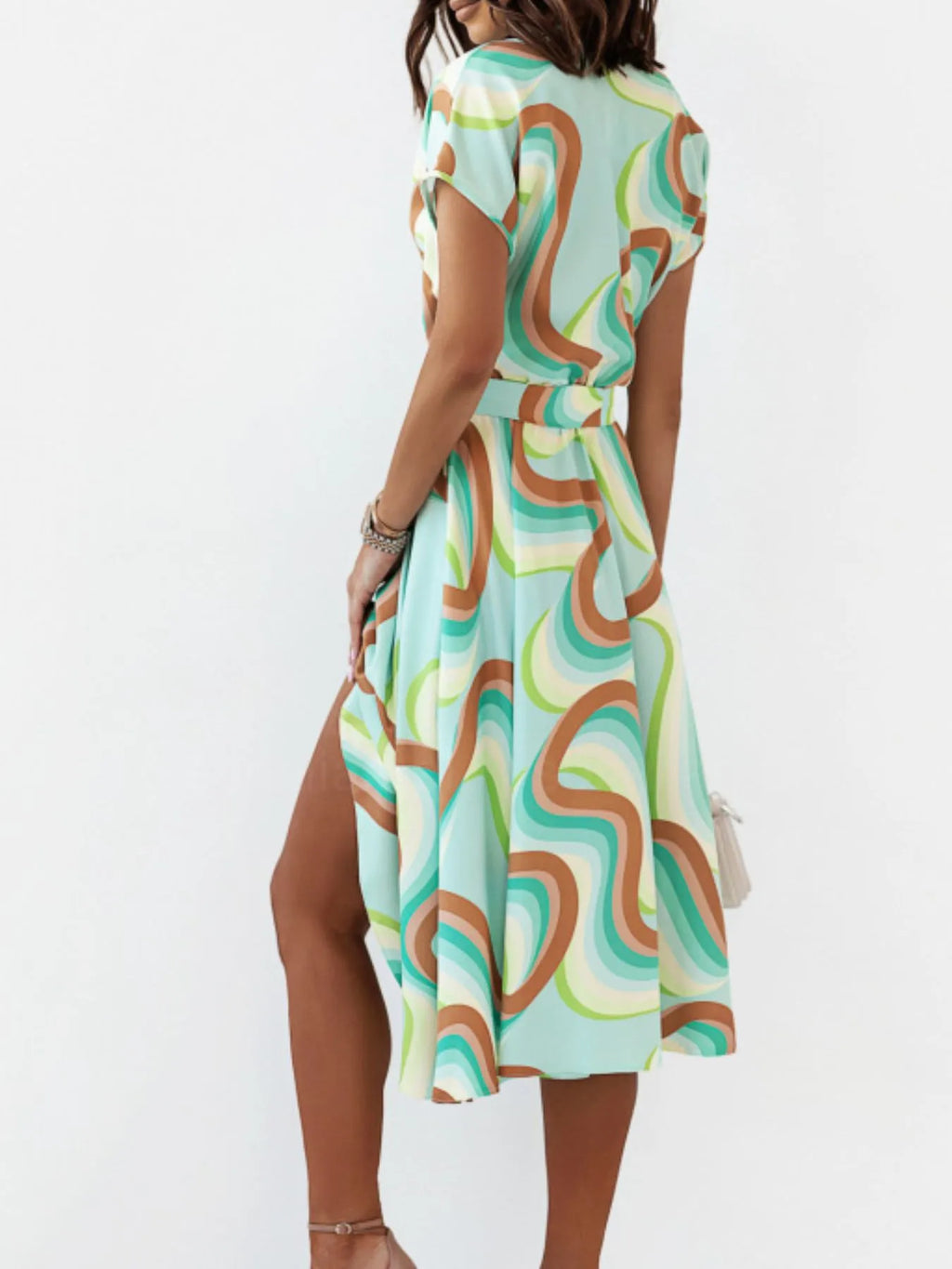 Printed Button Front Midi Dress with Belt