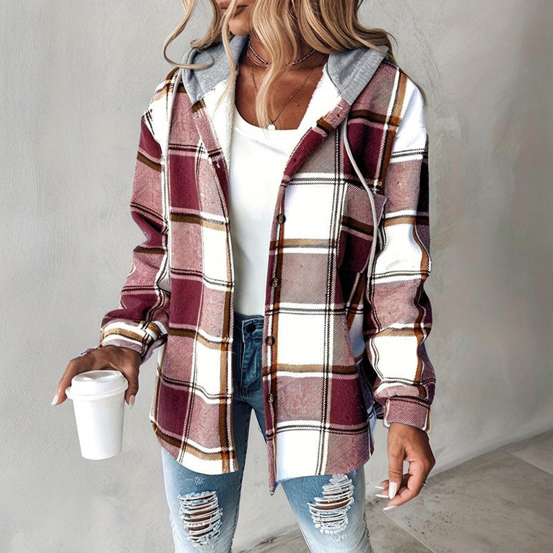 Women's Plaid Hoodie Long Sleeve Jacket With Pocket