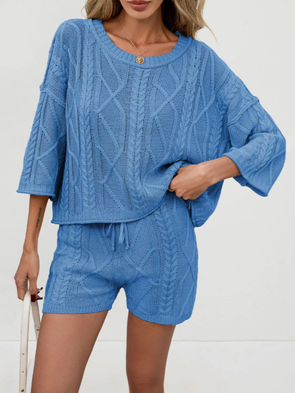 Cable Knit Round Neck Top and Shorts Sweater Set