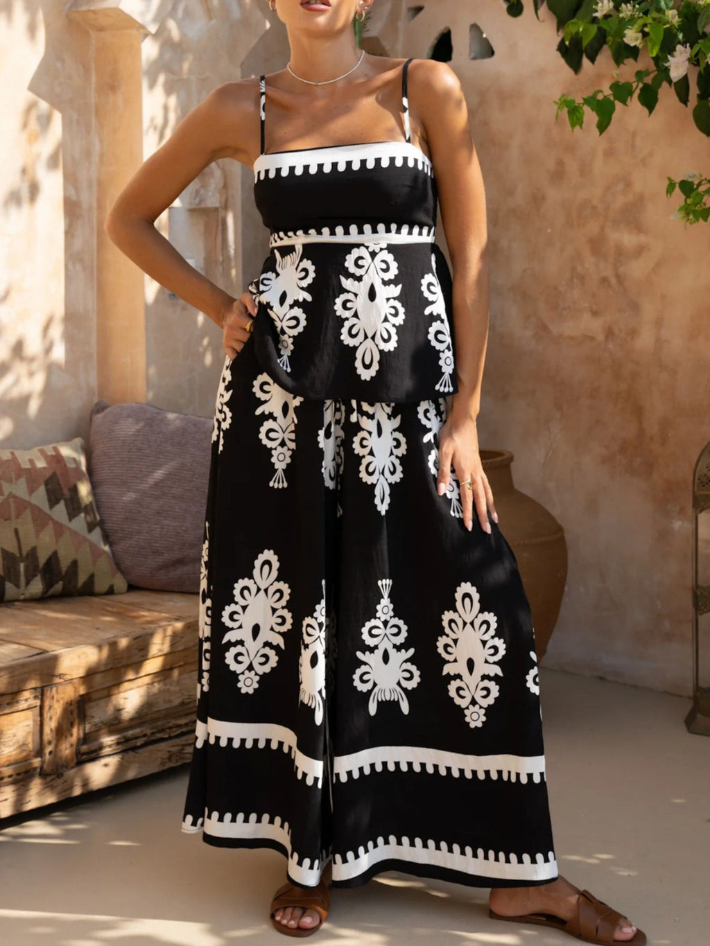 Full Size Printed Cami and Wide Leg Pants Set Plus Size