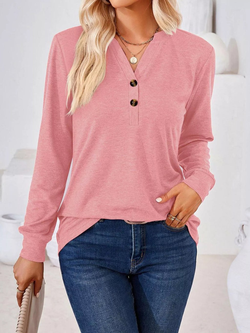 Plus Size Button Detail Long Sleeve T-Shirt
