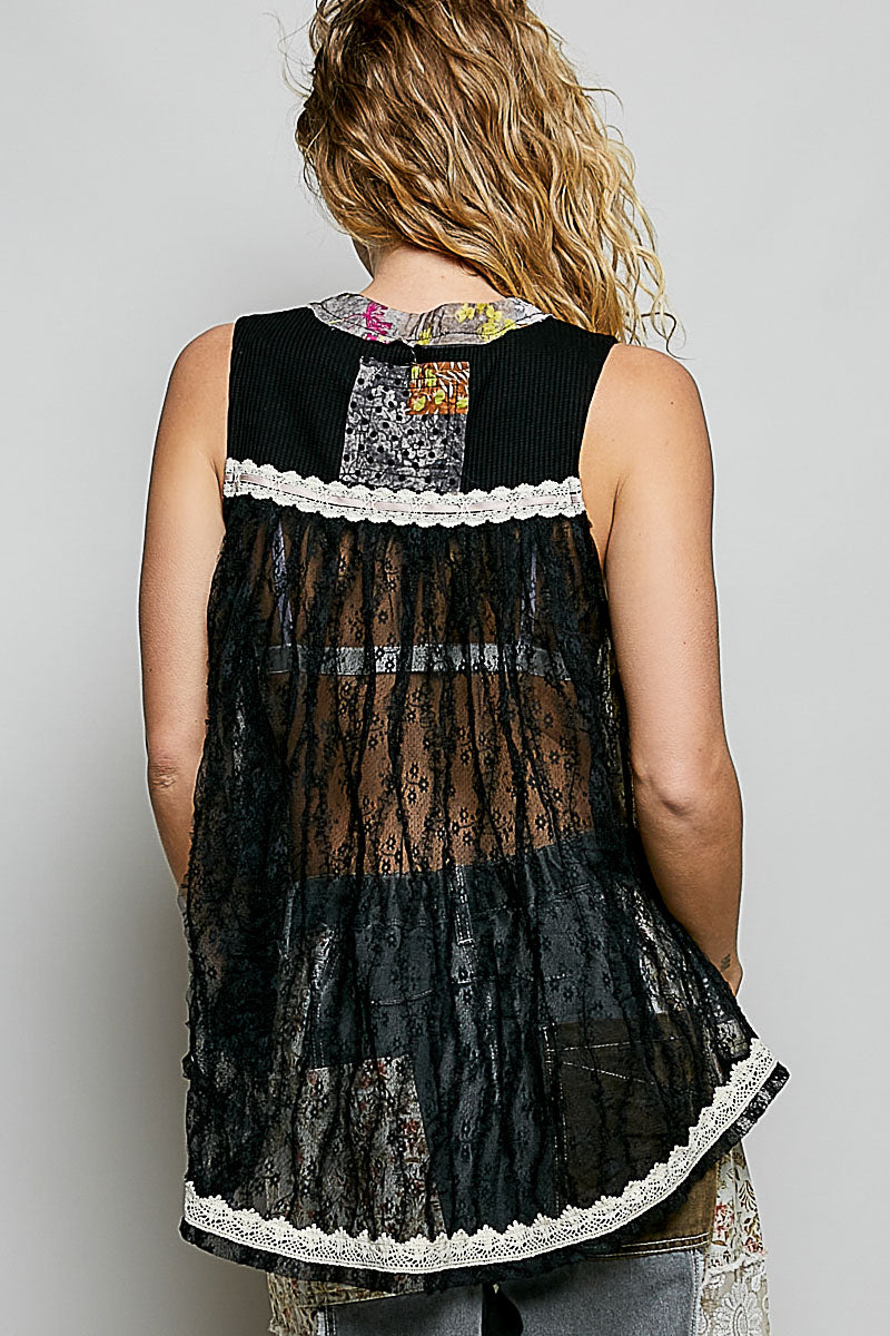 POL Floral V-Neck Sheer Tank with Lace Trim