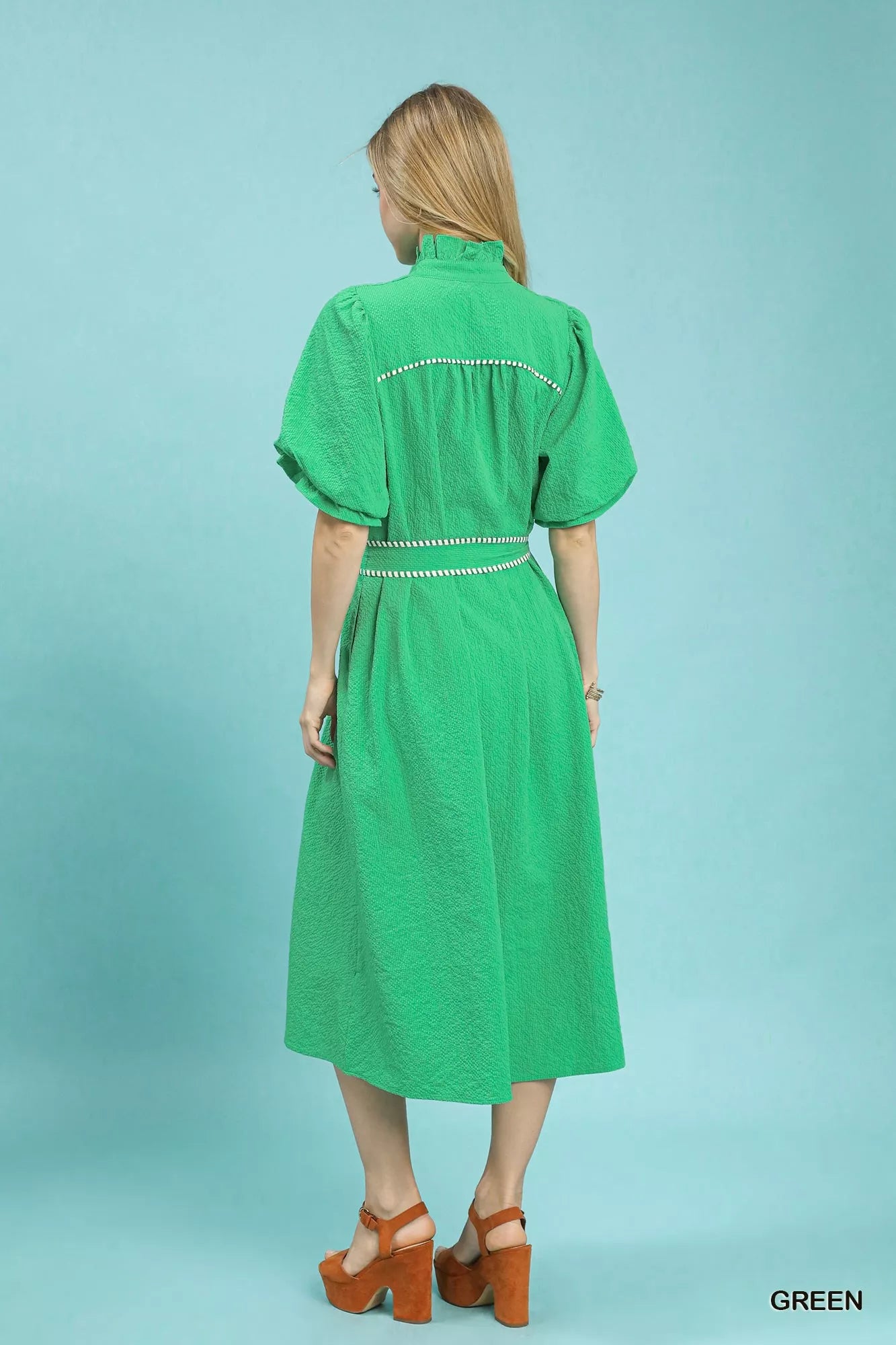 Umgee Ruffle Collar Midi Dress with Stripe Trim