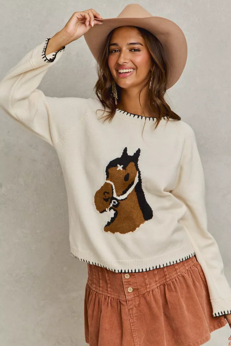 SO ME Horse Knit Sweater Top with Blanket Stitch
