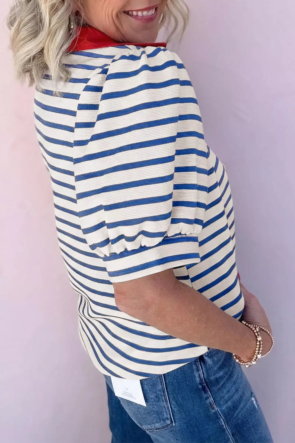 Striped Collared Neck Short Sleeve Blouse