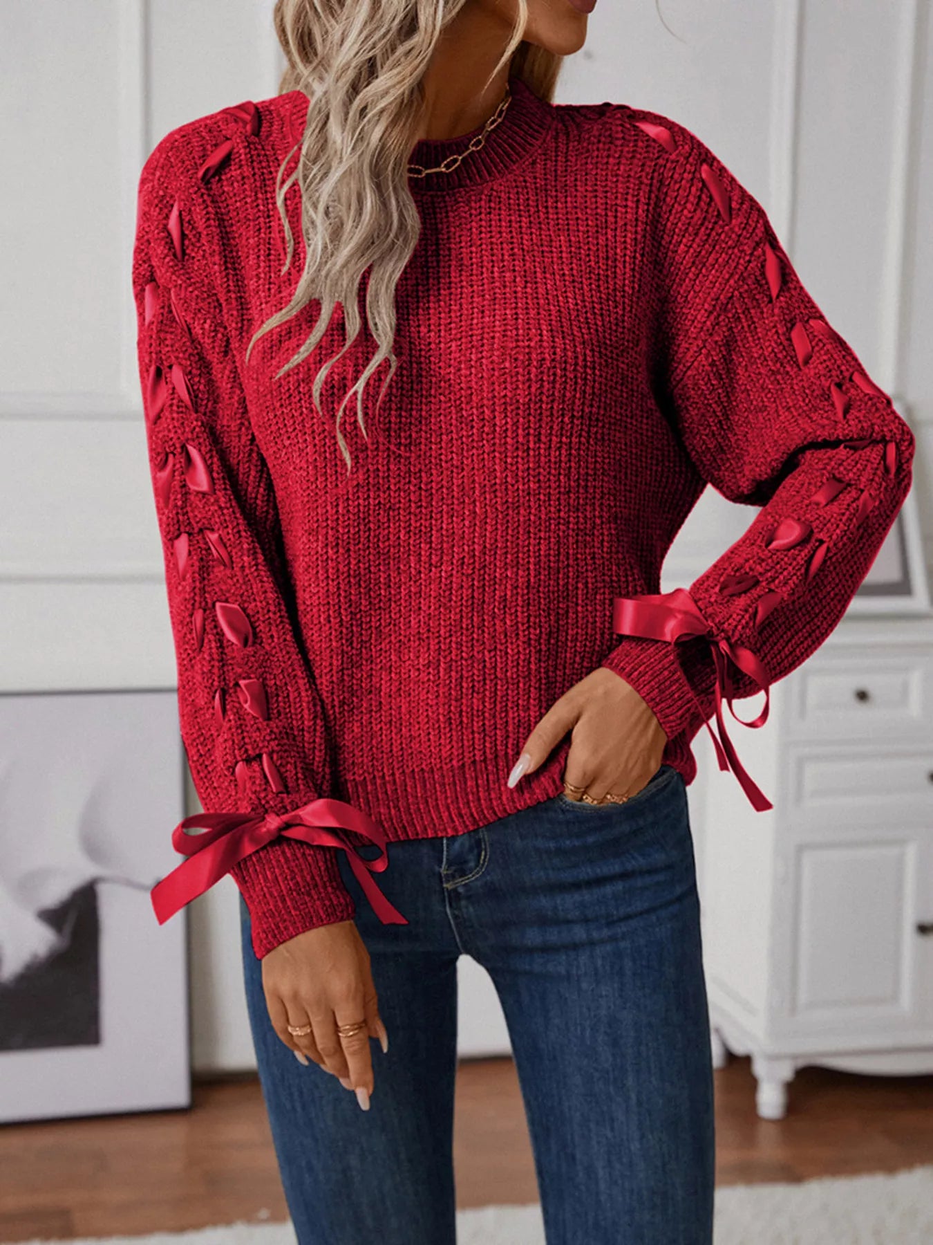 Ribbon-Tie Sleeve Round Neck Sweater
