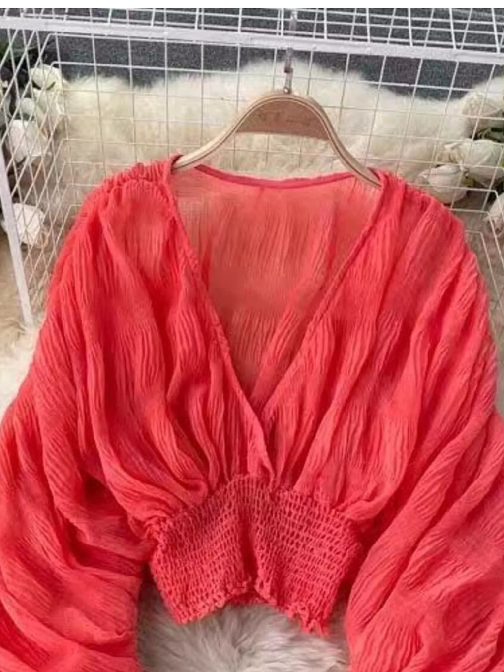 Smocked Ruched Long Sleeve Blouse