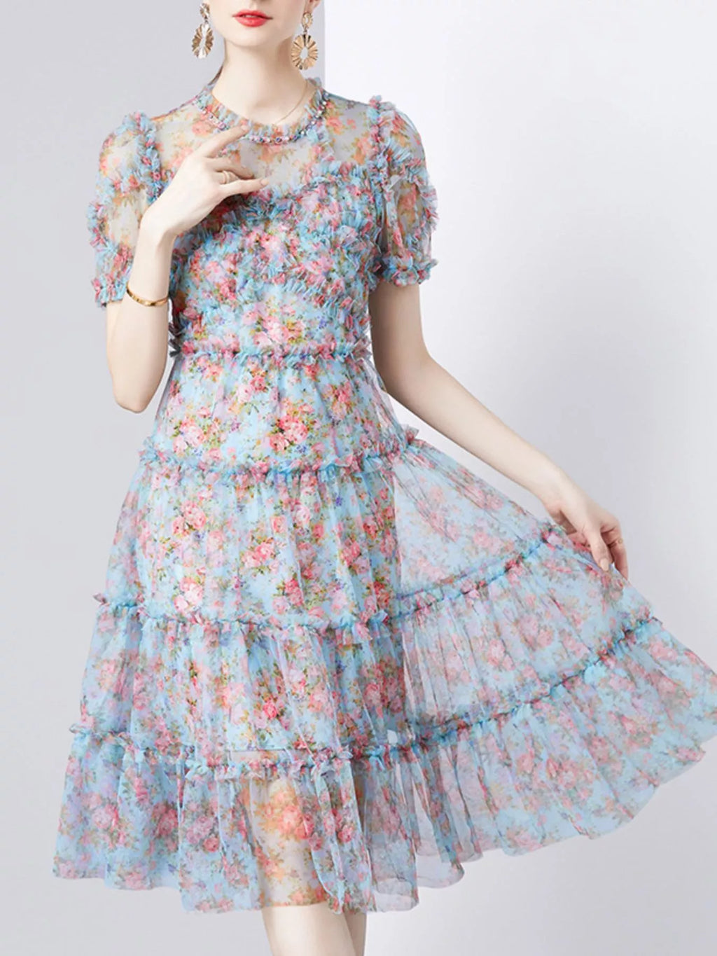Frill Floral Print Short Sleeve Dress
