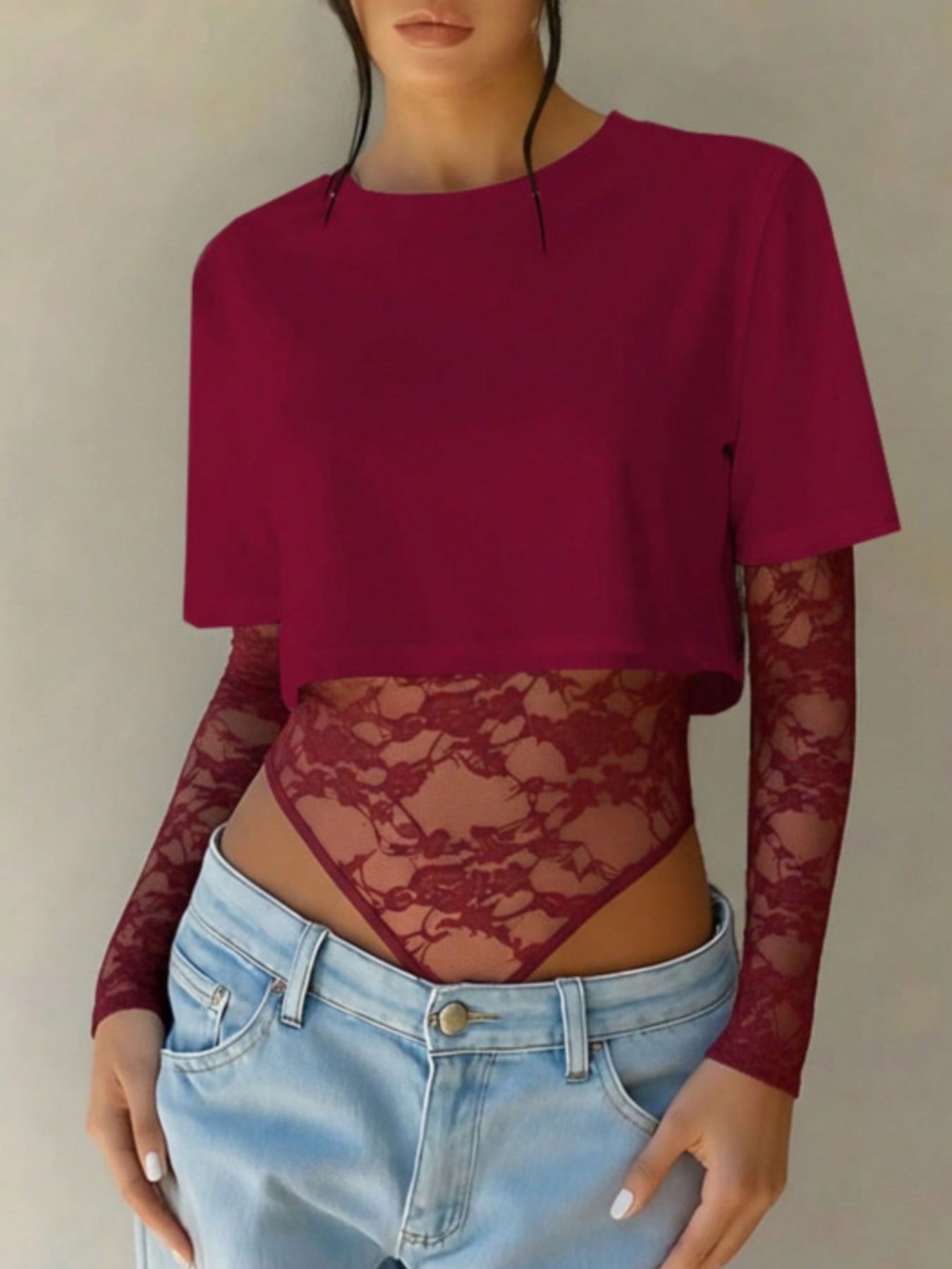 Lace Patchwork Round Neck Bodysuit
