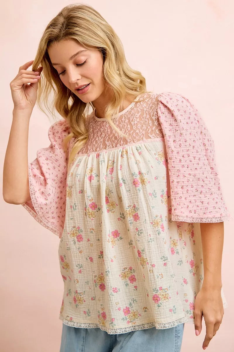BiBi Crinkle Floral Gauze Mix And Matched Blouse Top
