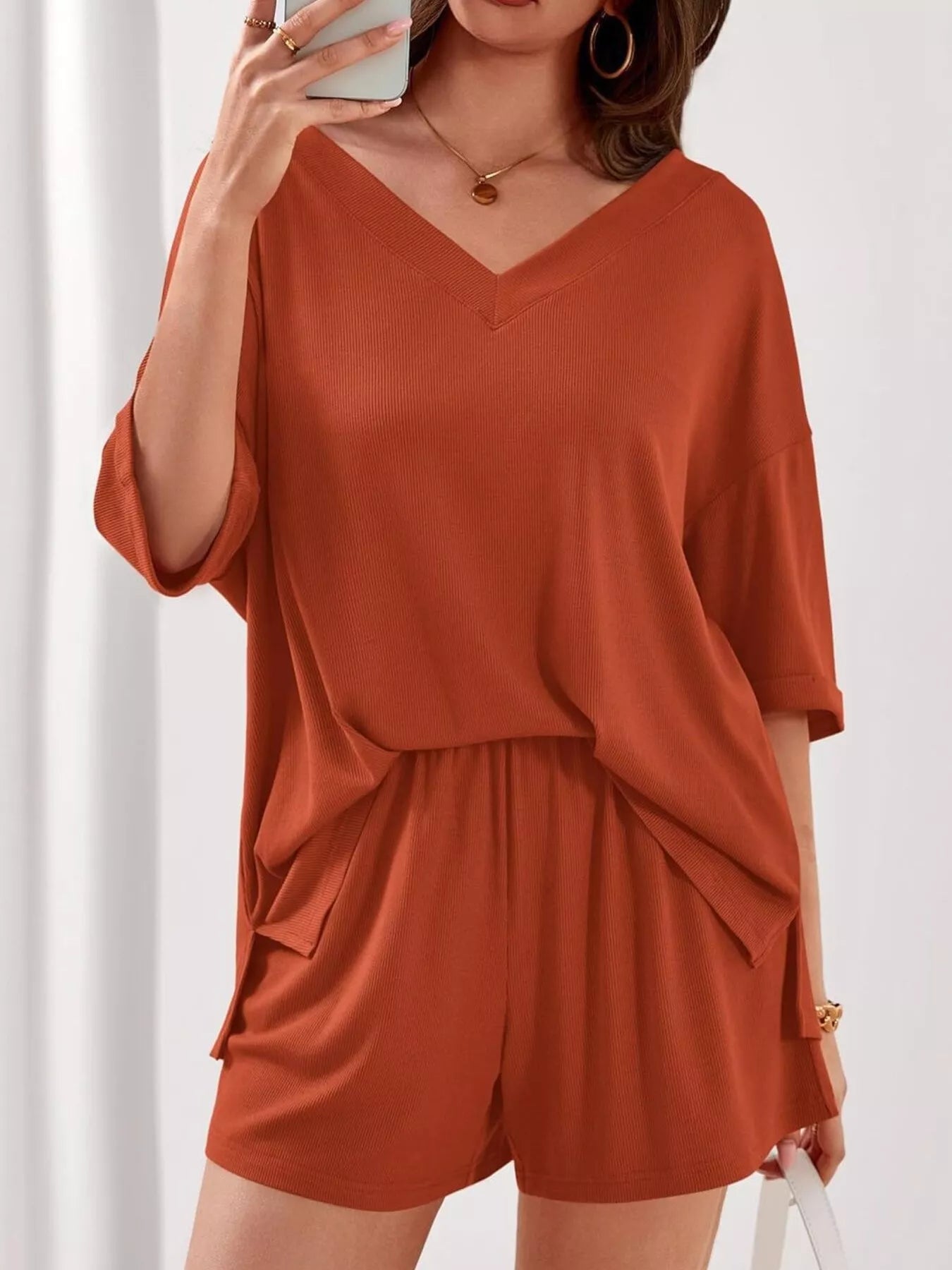 Casual Solid Color V-Neck Top & Shorts Set