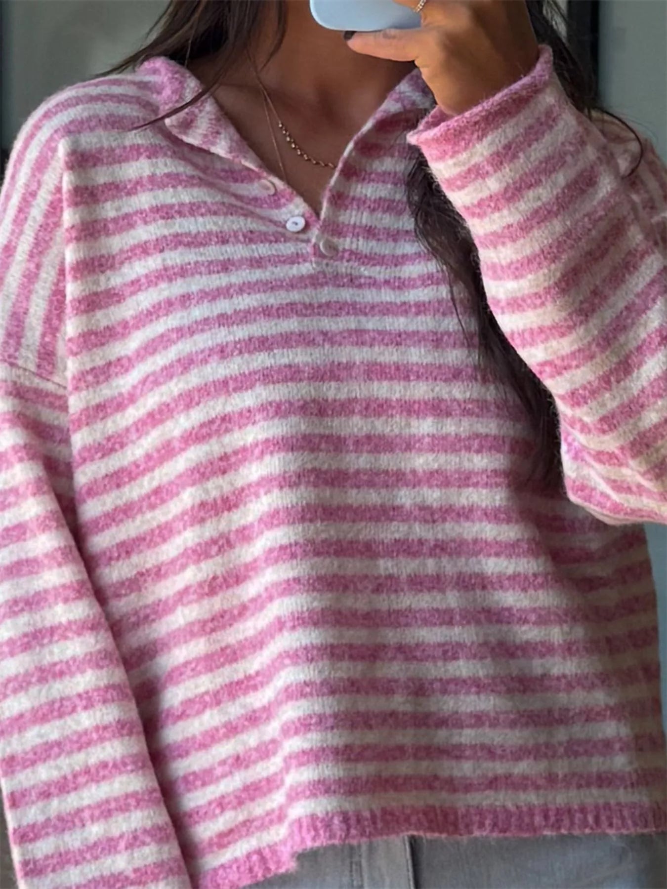 Button Detail Dropped Shoulder Striped Sweater