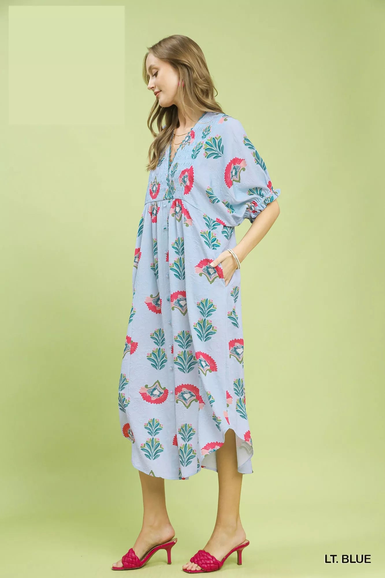 Umgee Abstract Print V-Neck Midi Dress
