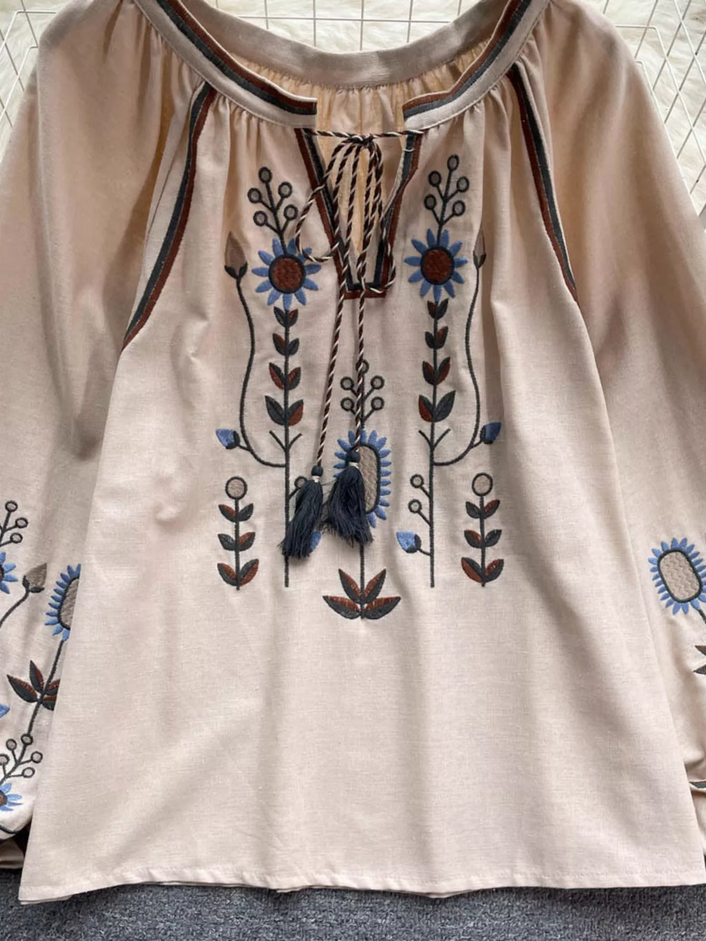 Embroidered Tie Neck Blouse