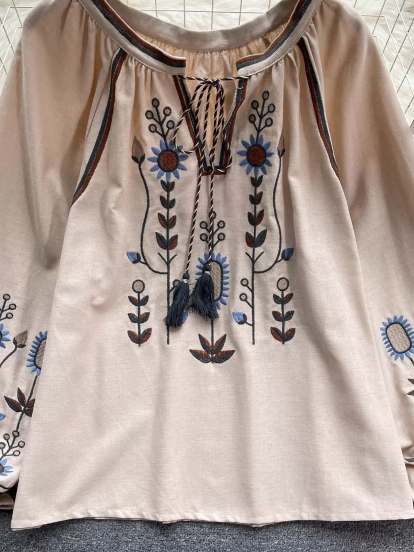 Embroidered Tie Neck Blouse