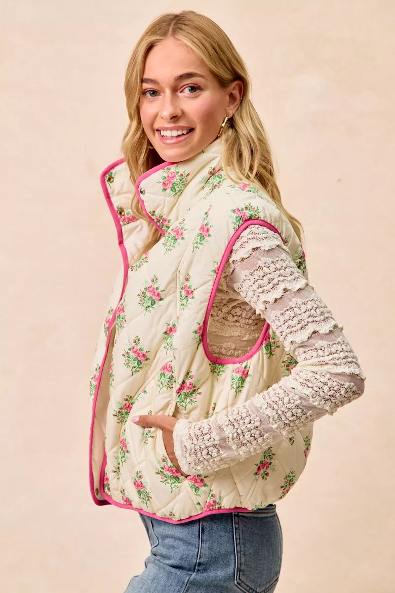 BiBi Floral Print Piping Detail Quilted Vest