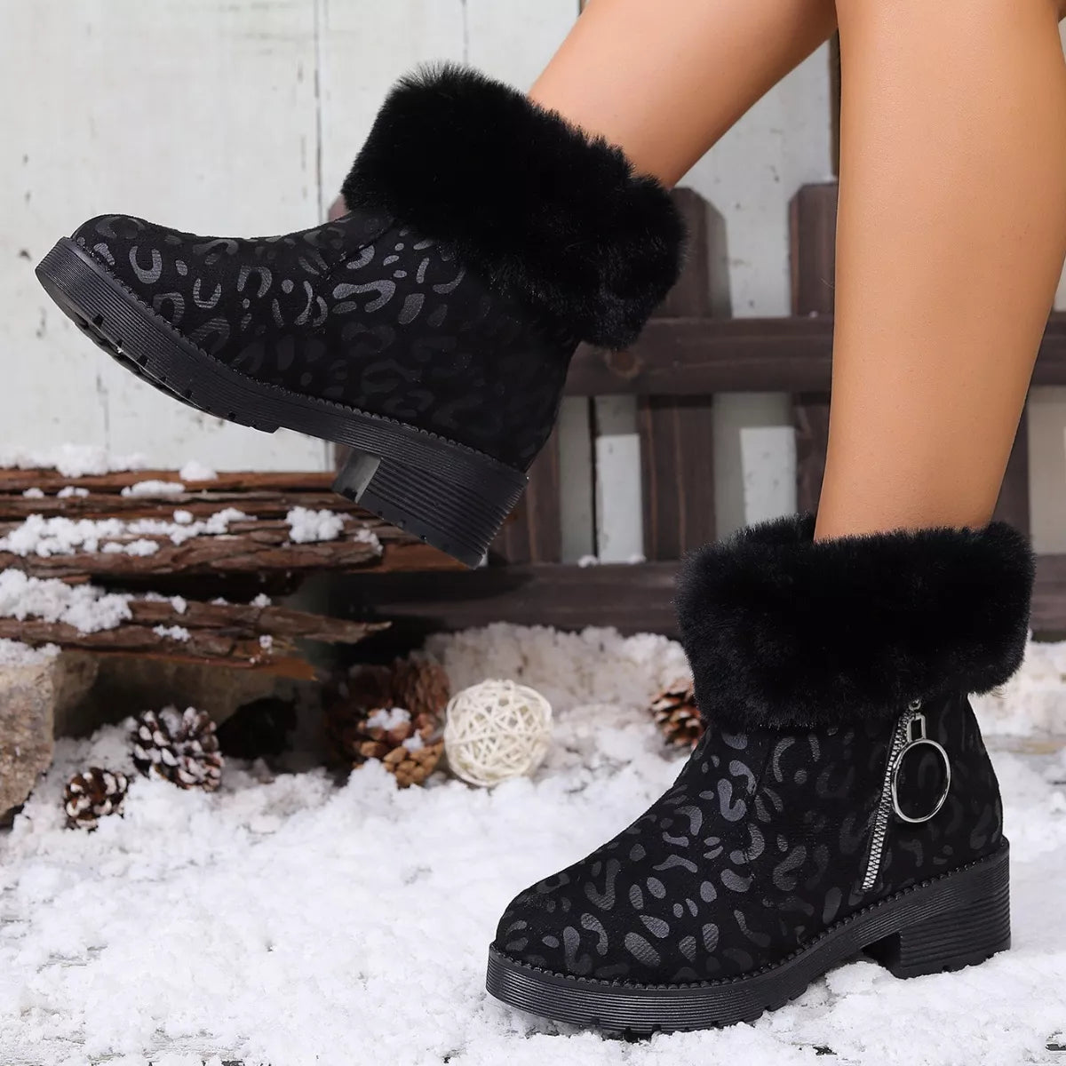 Fuzzy Cuff Leopard Print Ankle Boots