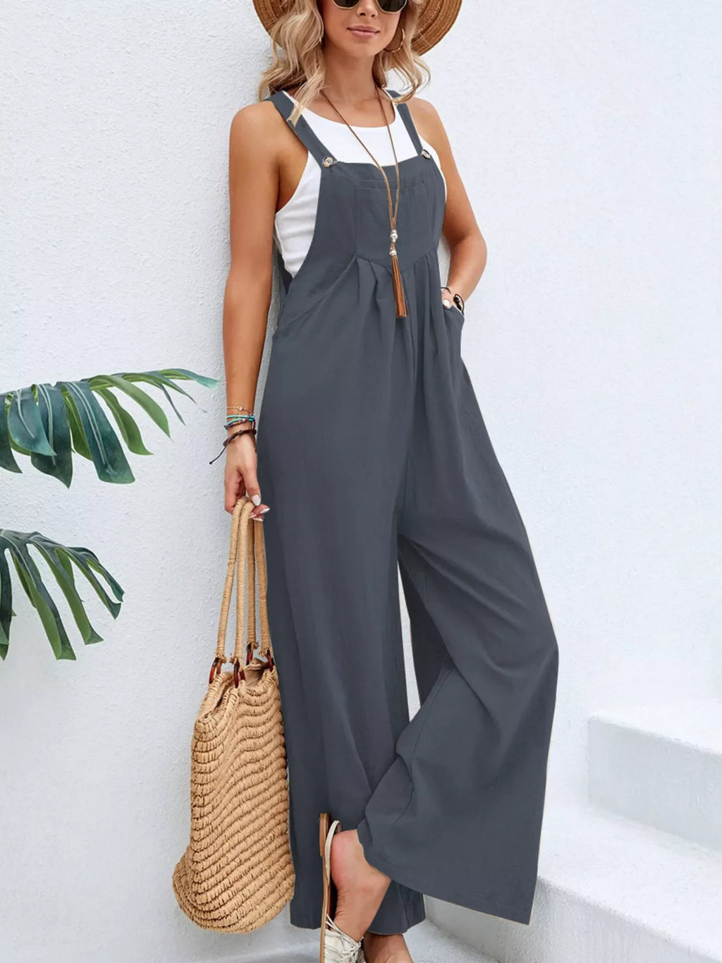 Full Size Casual Wide-Leg Overalls with Pockets Plus Size