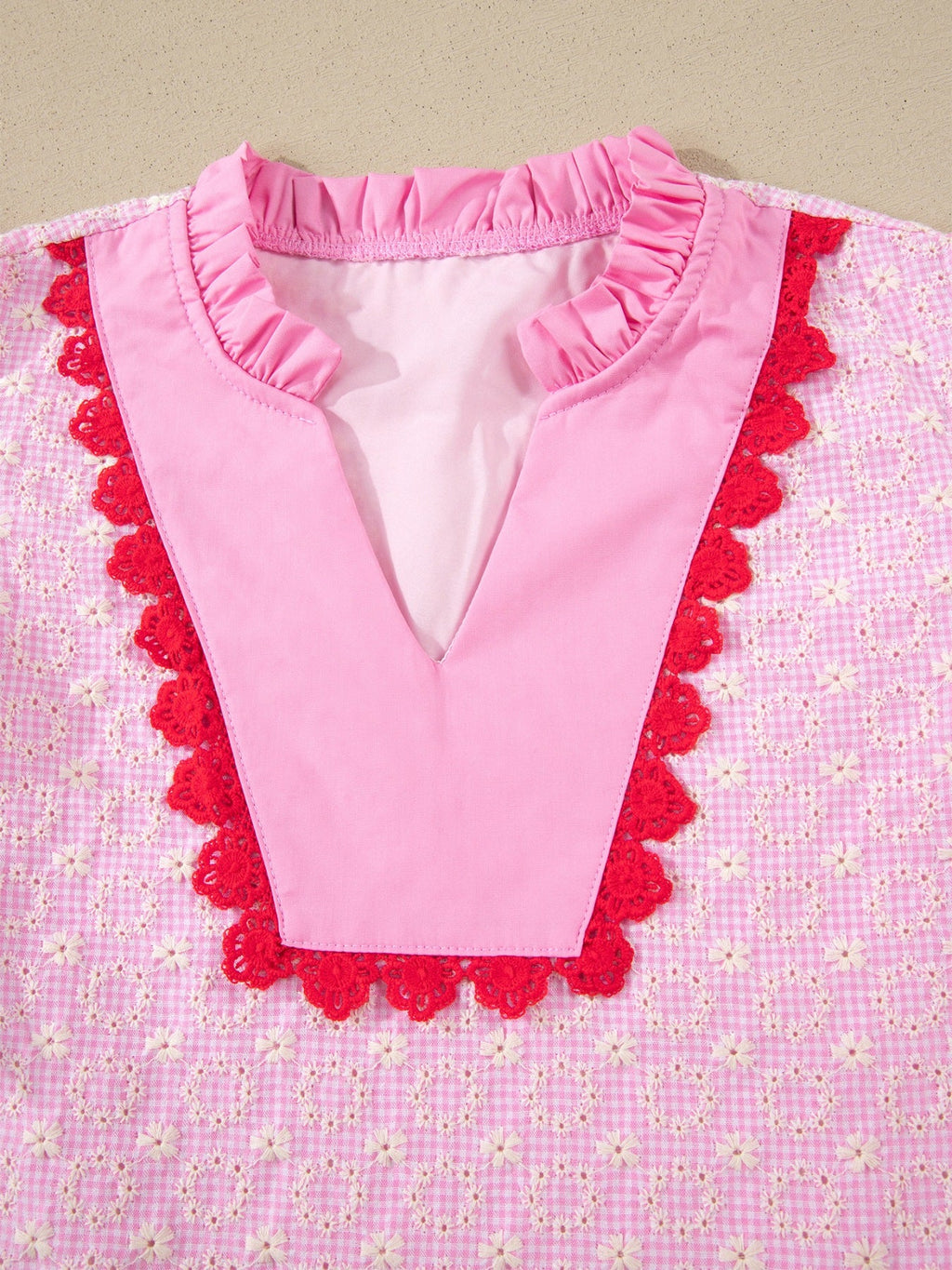 Eyelet Embroidered Flower Texture Contrast Lace Trim Flutter Sleeve Blouse