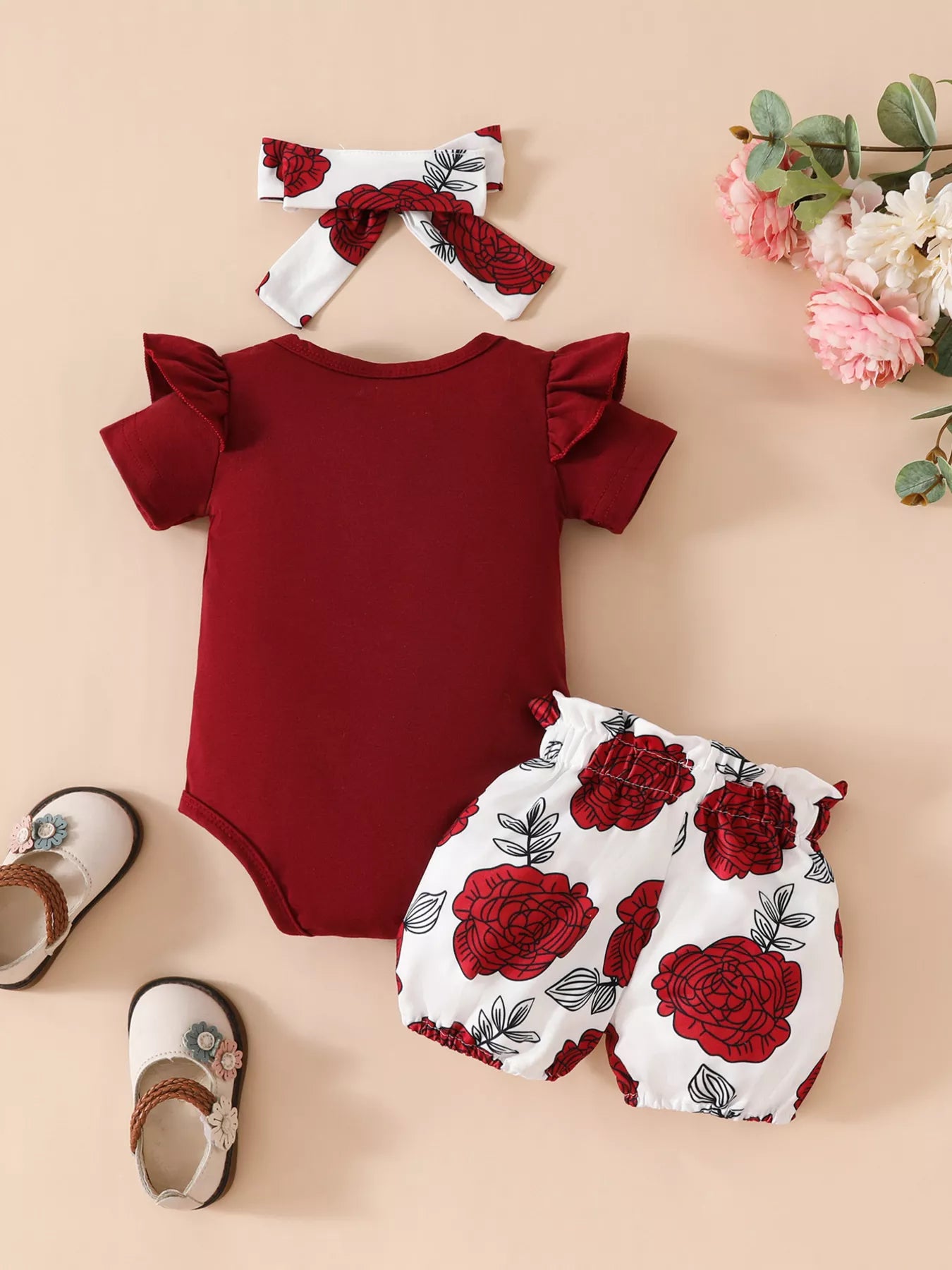 Children's Ruffled Bodysuit and Floral Shorts Set with Headband