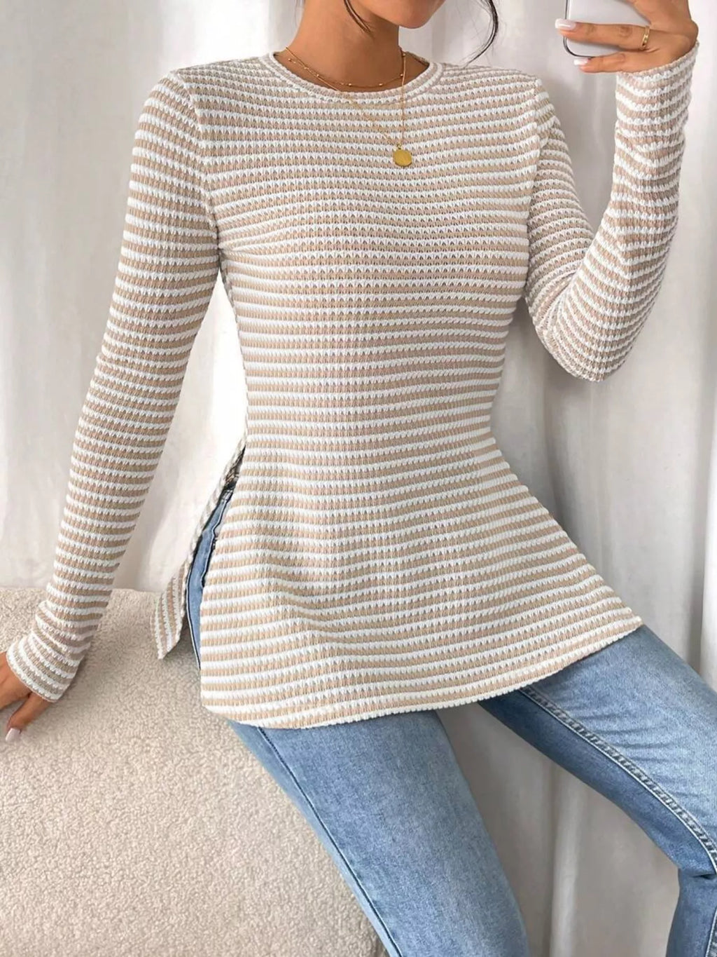 Slit Striped Long Sleeve Casual T-Shirt