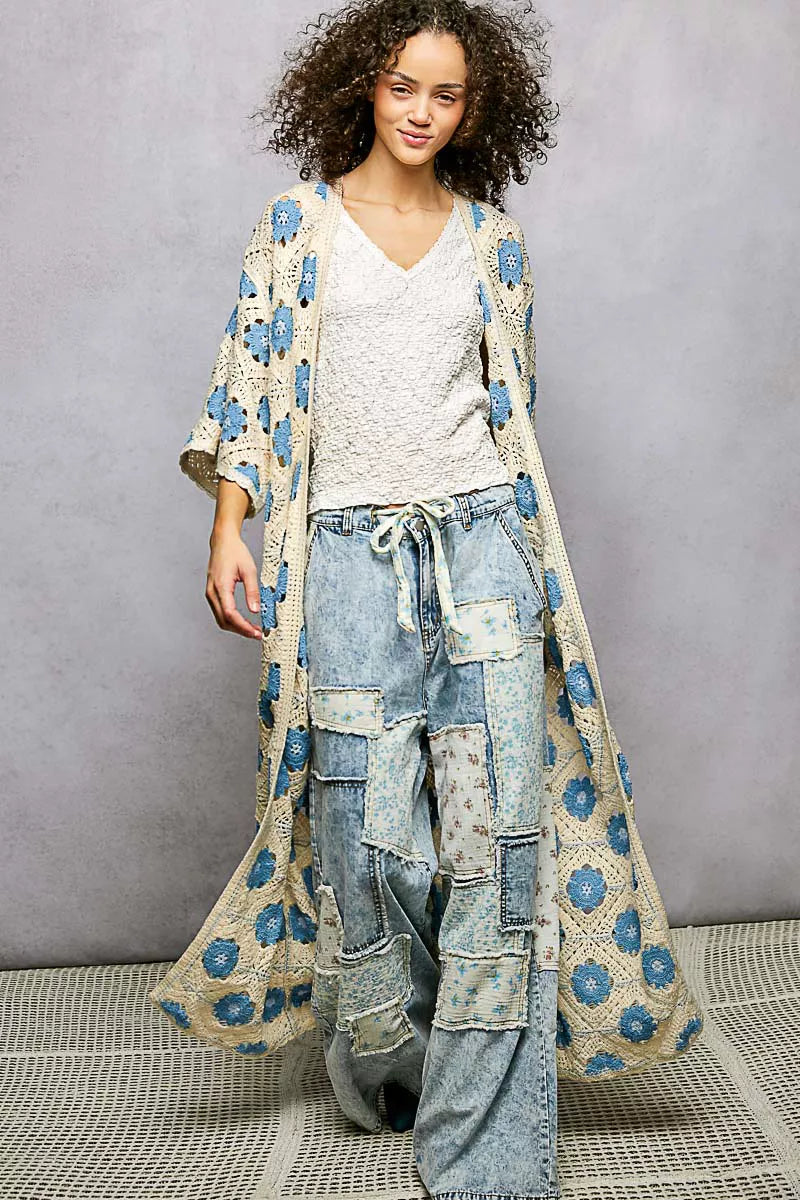 POL Open Front Floral Crochet Longline Cardigan