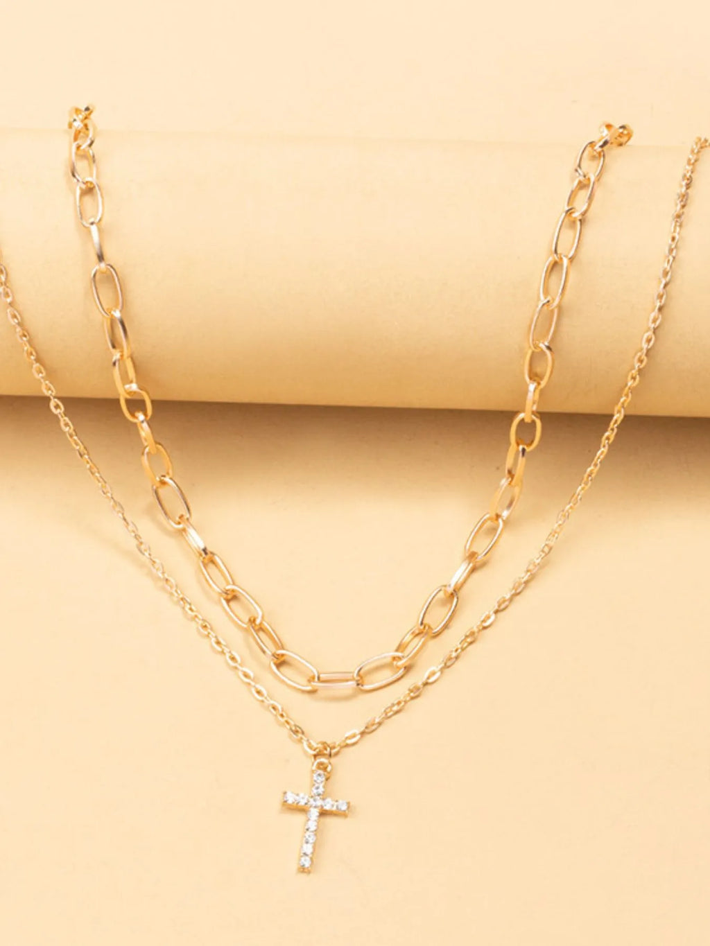 Double Layered Inlaid Zircon Cross Pendant Necklace
