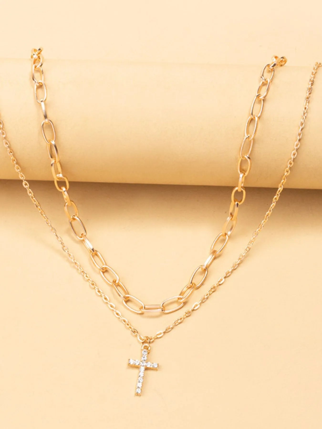 Double Layered Inlaid Zircon Cross Pendant Necklace