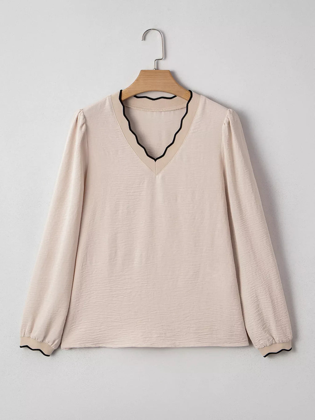 Contrast Scallop Trim V Neck Long Sleeve Blouse