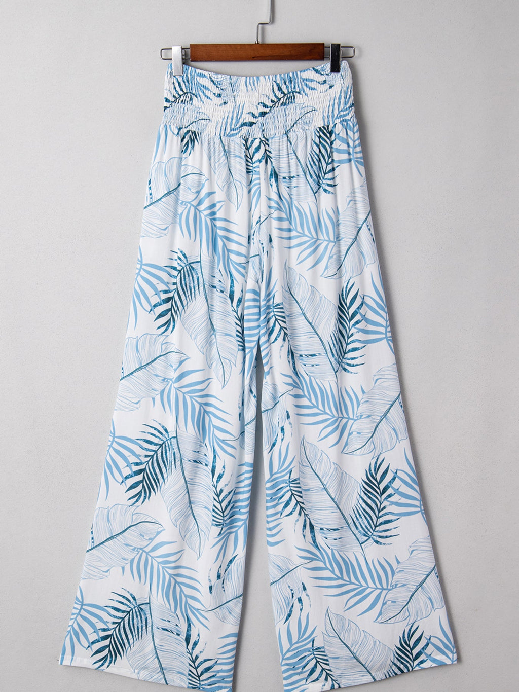 Tropical Print Shirred Waistband Wide Leg Pants