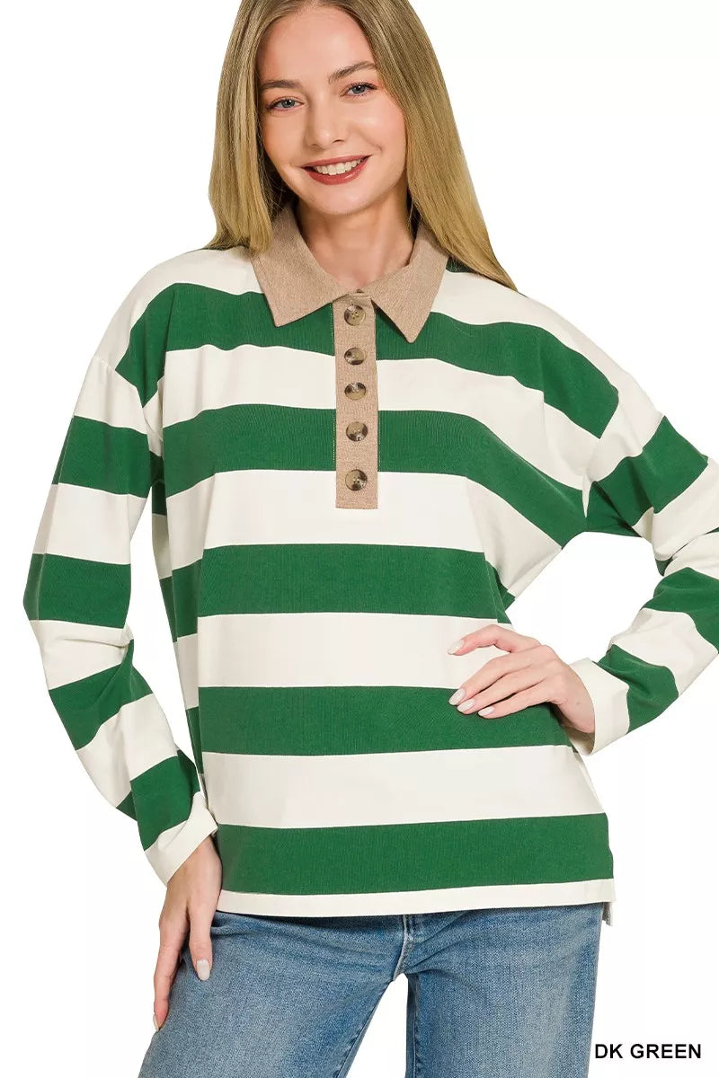 Zenana Striped Contrast Collar Polo Top
