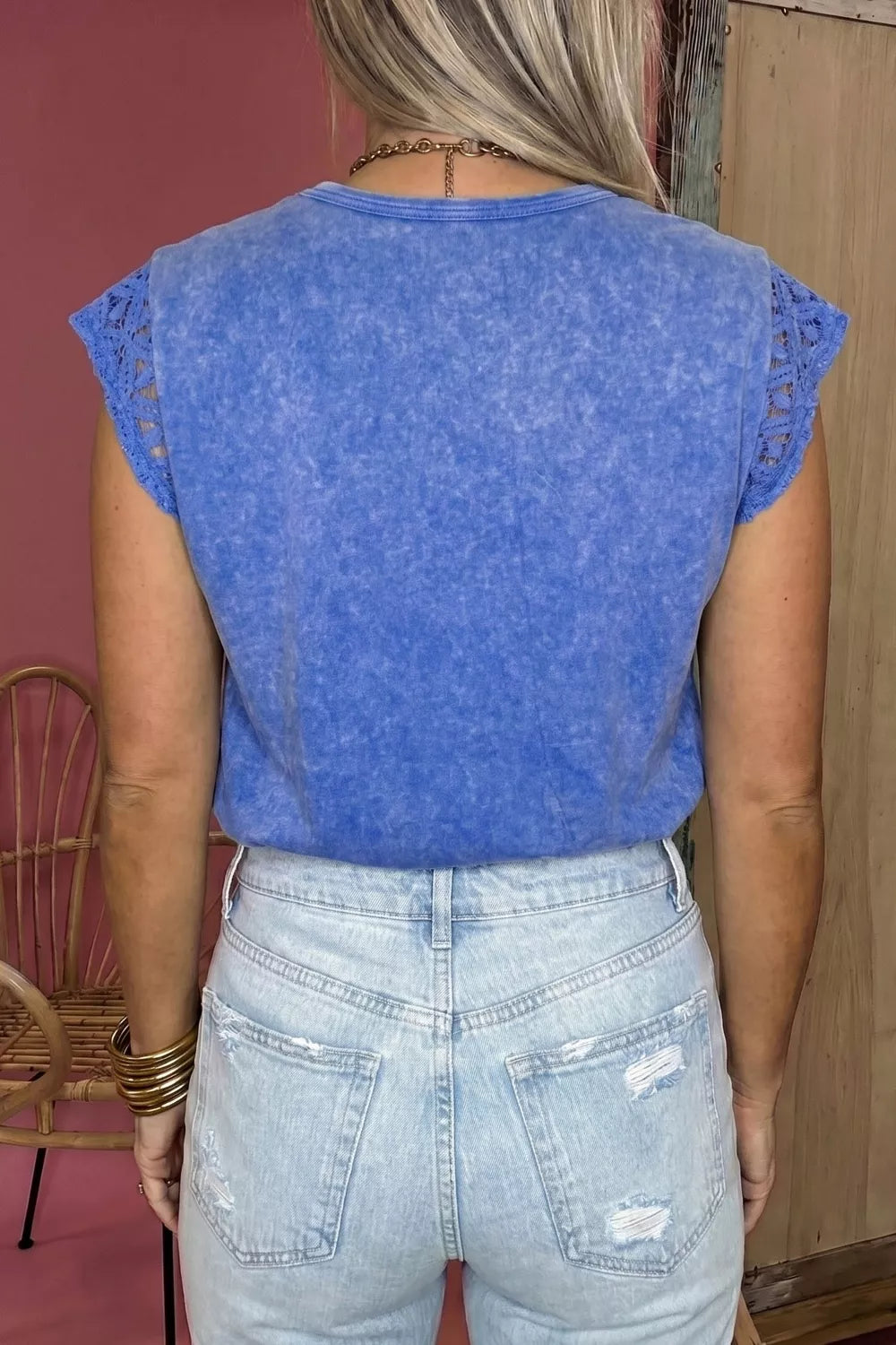 Mineral Wash Raw Seam Lace Sleeve Cotton Tee