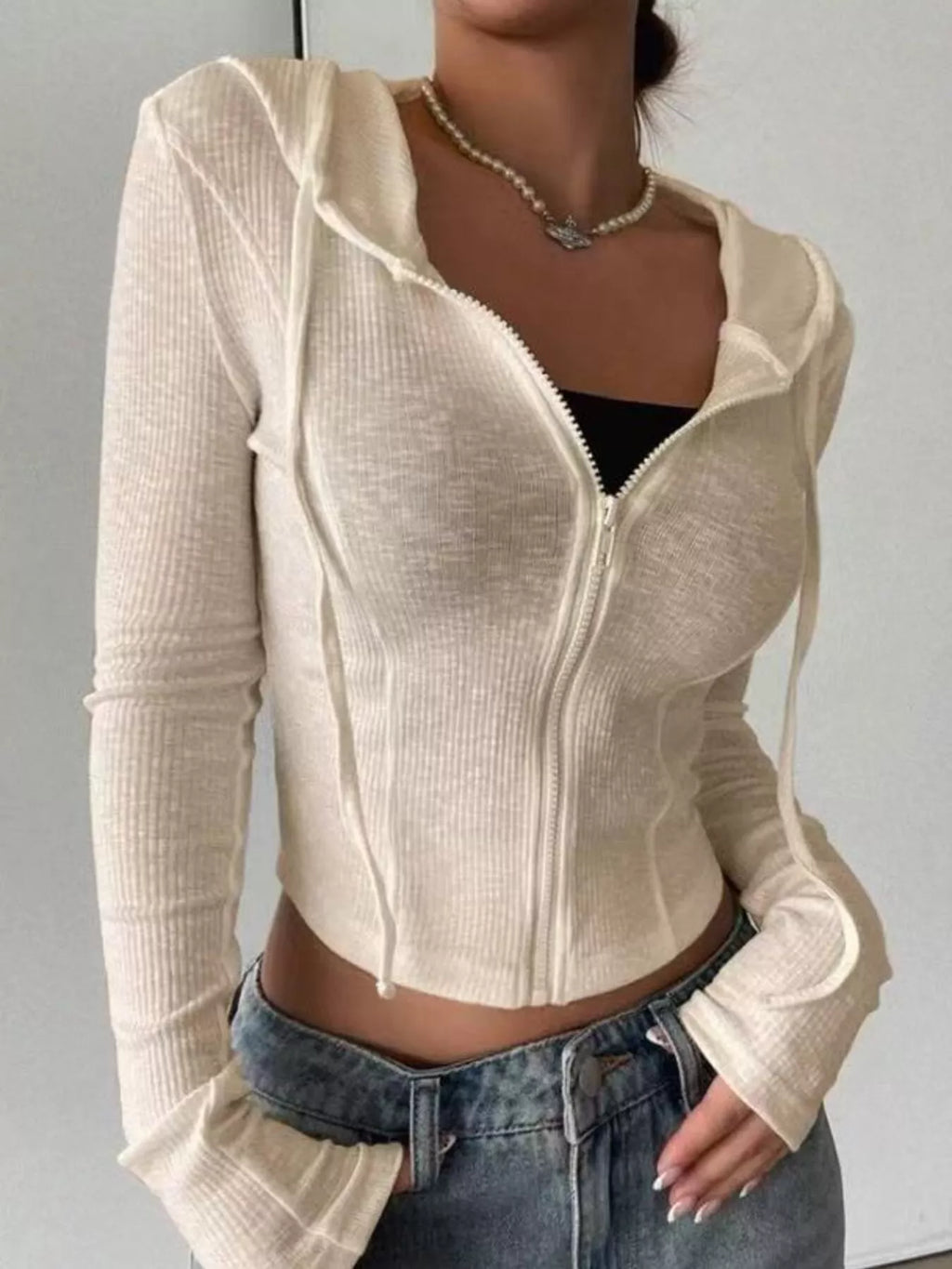Ribbed Knit Cropped Zip-Up Outerwear