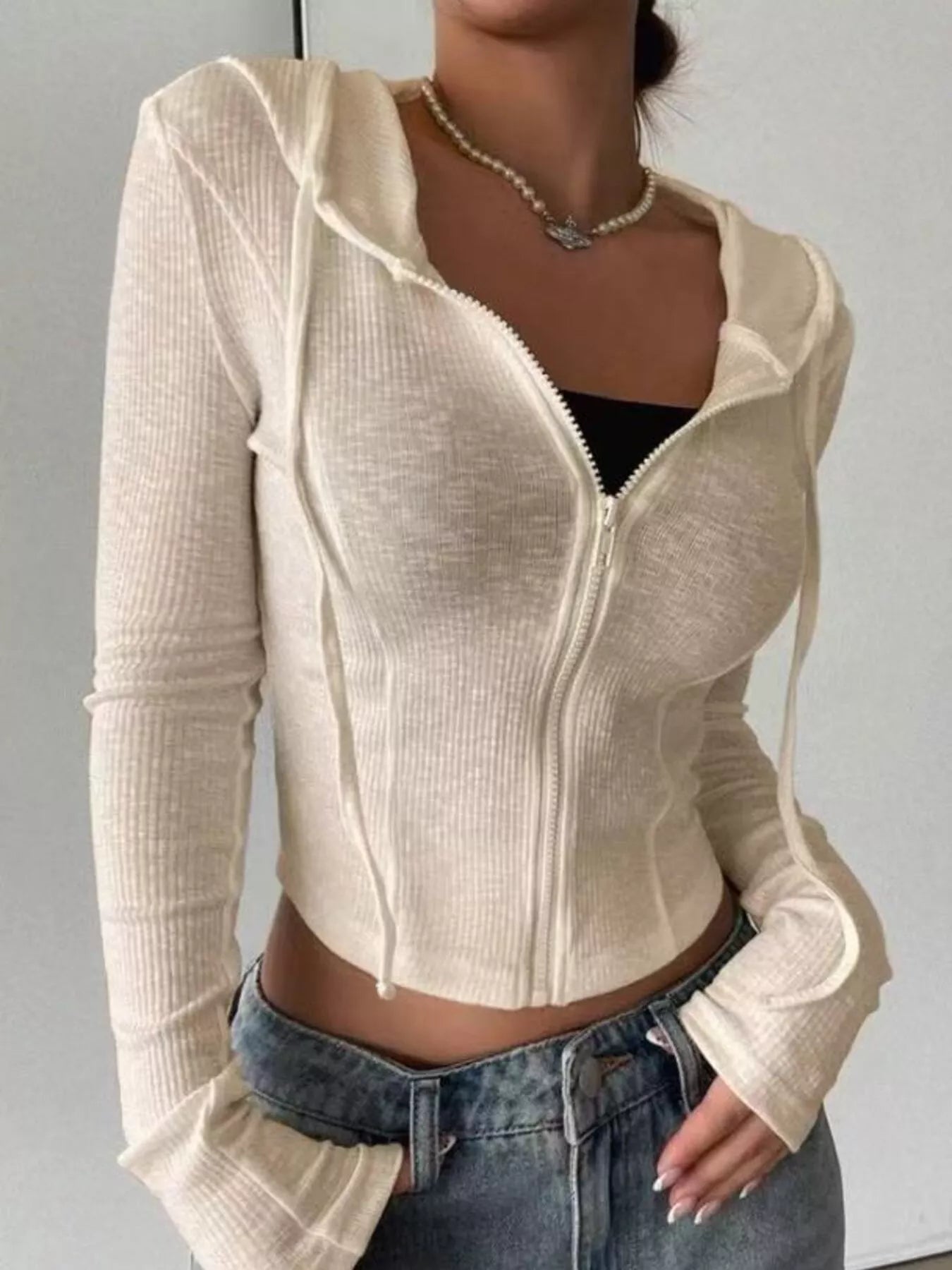 Ribbed Knit Cropped Zip-Up Outerwear