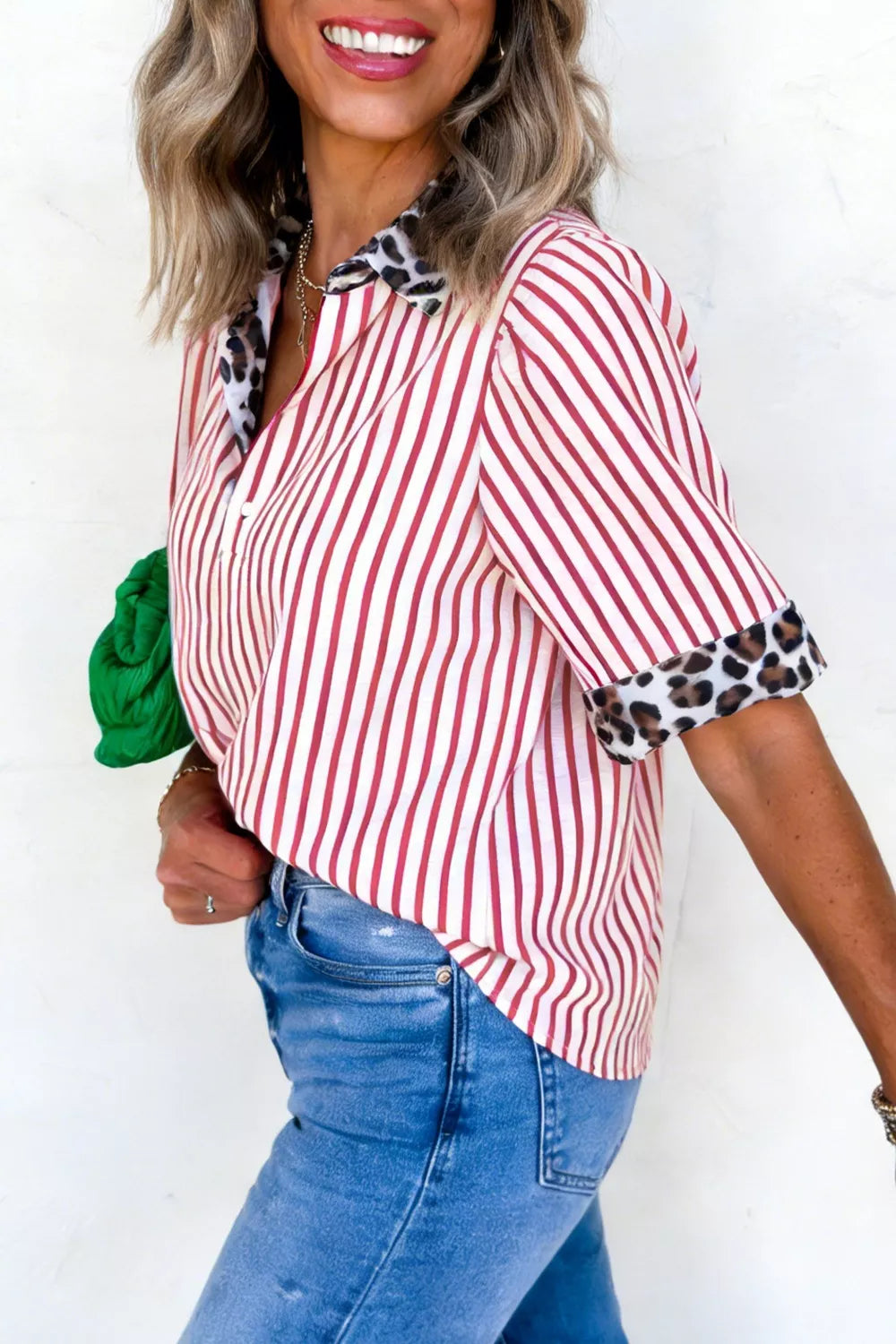 Leopard Trim Striped Button Up Shirt