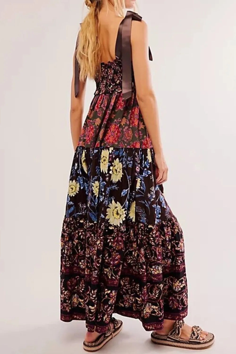 Floral Tiered Maxi Dress with Mixed Print Design