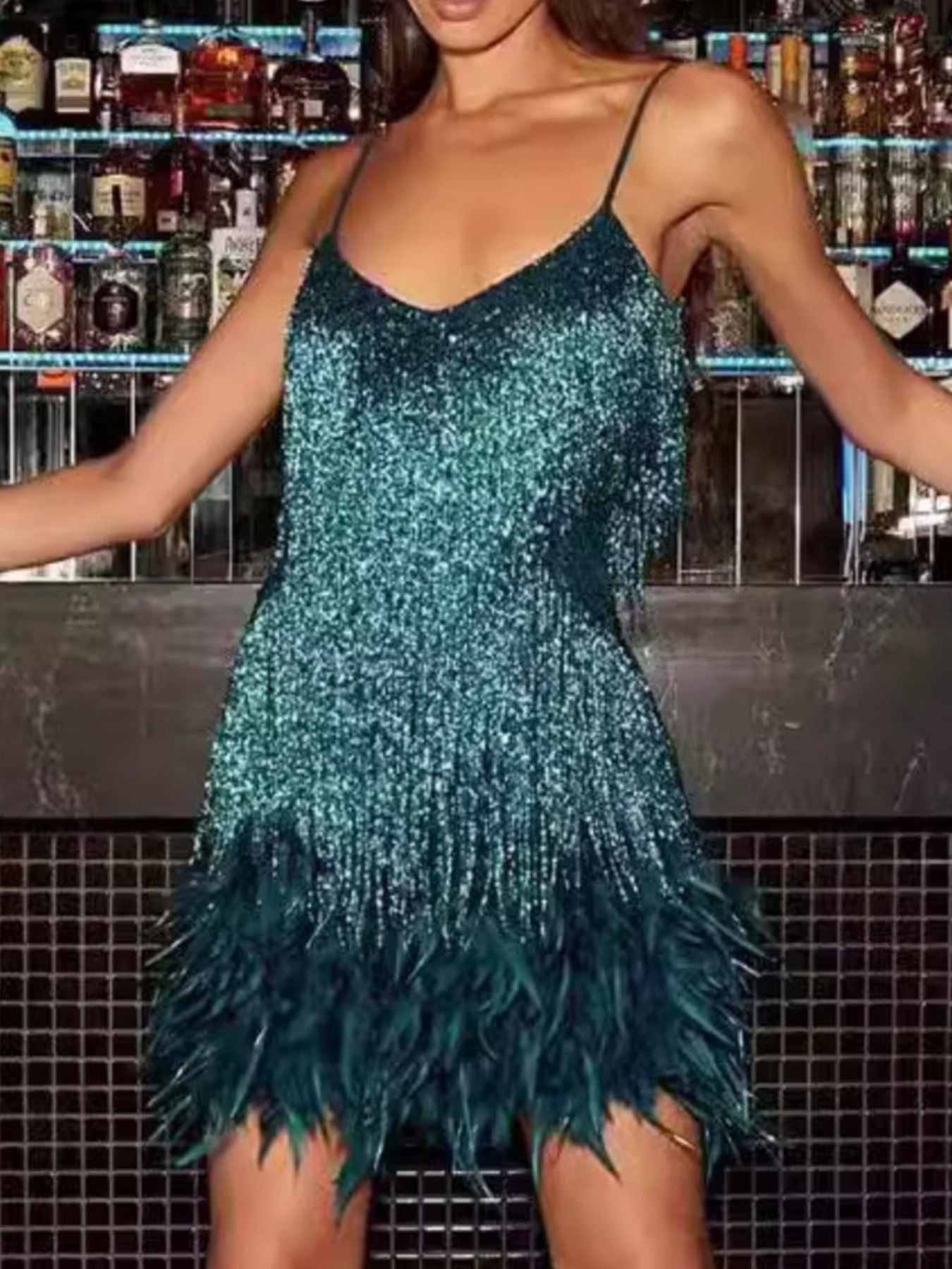 Full Size Sequin Fringe V-Neck Mini Dress Plus Size
