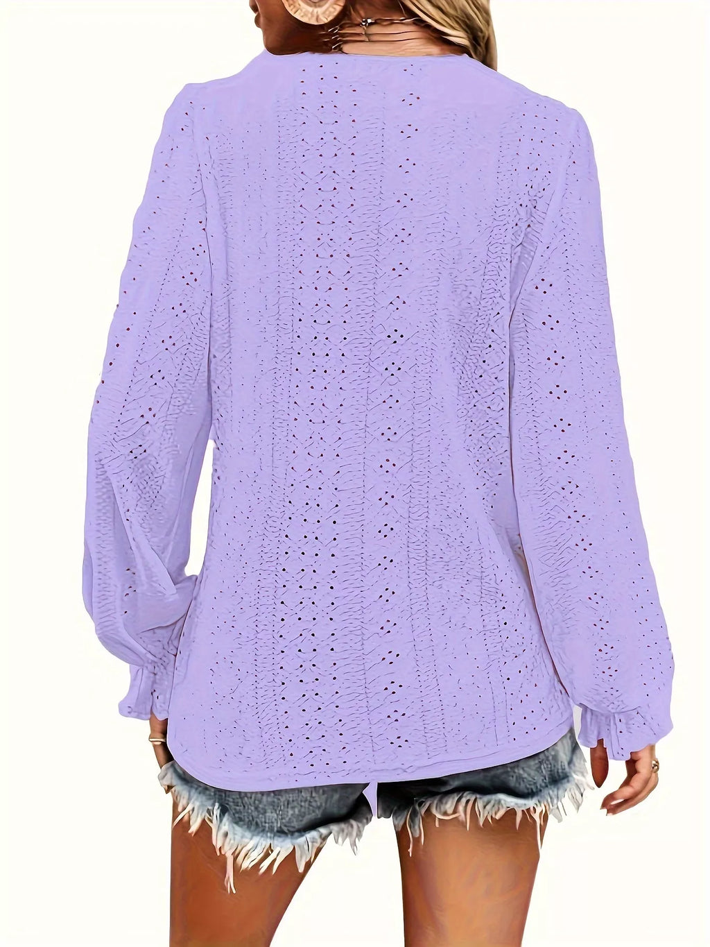 Plus Size Eyelet V-Neck Flounce Sleeve Blouse