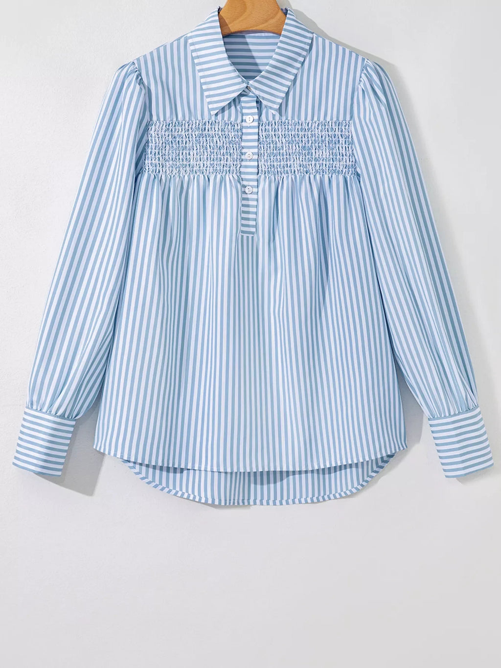Stripe Shirred Detail Half Placket Collared Long Sleeve Shirt