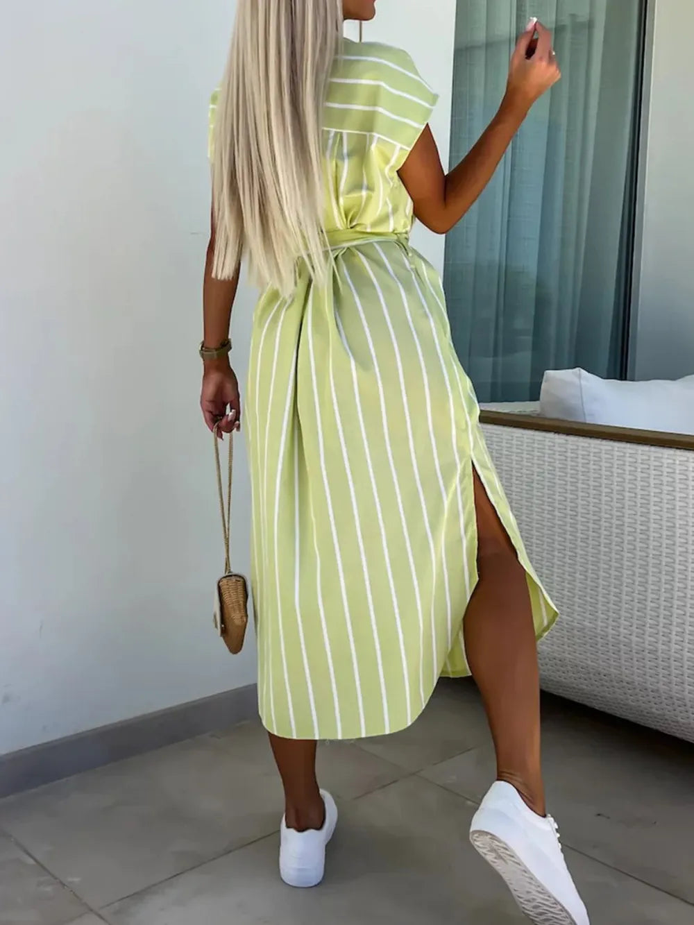 Striped Tie Waist Short Sleeve Dress