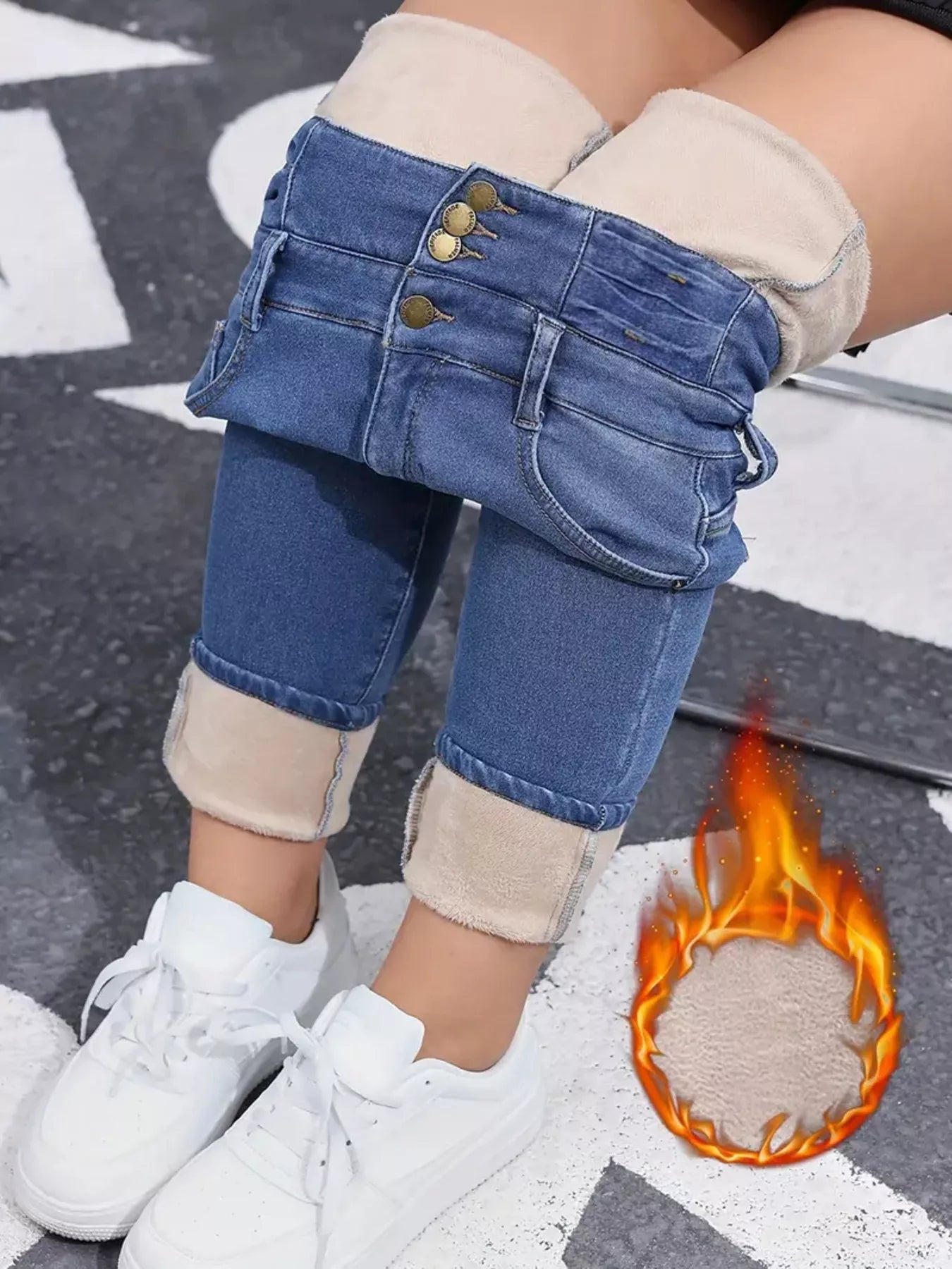 High-Waisted Slim Fit Fleece-Lined Jeans