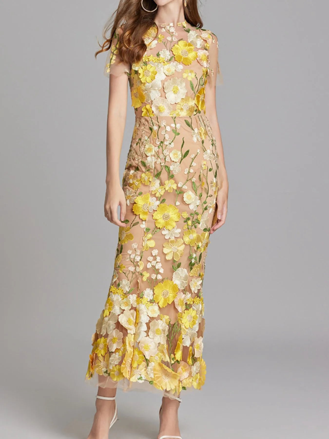 Floral Embroidered Mesh Overlay Maxi Dress
