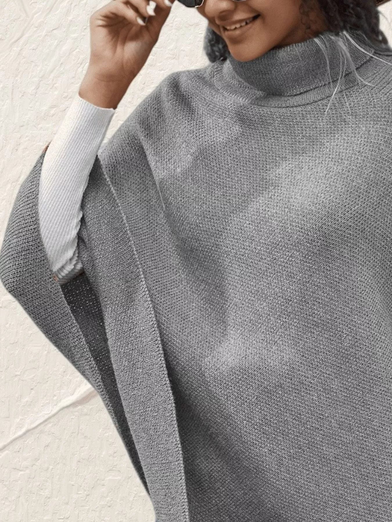 Button-Decor Turtleneck Poncho Pullover