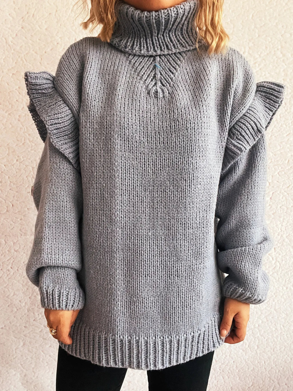 Ruffled Turtleneck Long Sleeve Sweater
