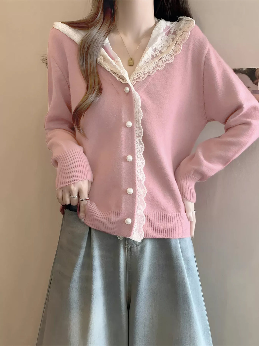 Lace Trim Hooded Cardigan