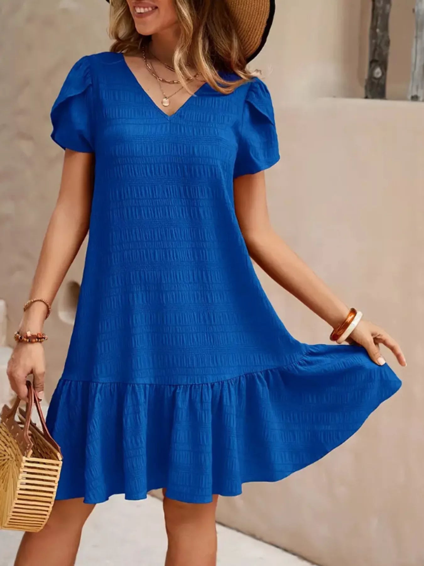 V-Neck Ruffle Hem Textured Mini Dress