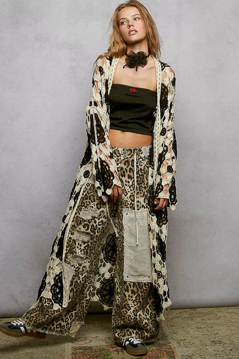 POL Open Front Crochet Longline Cardigan