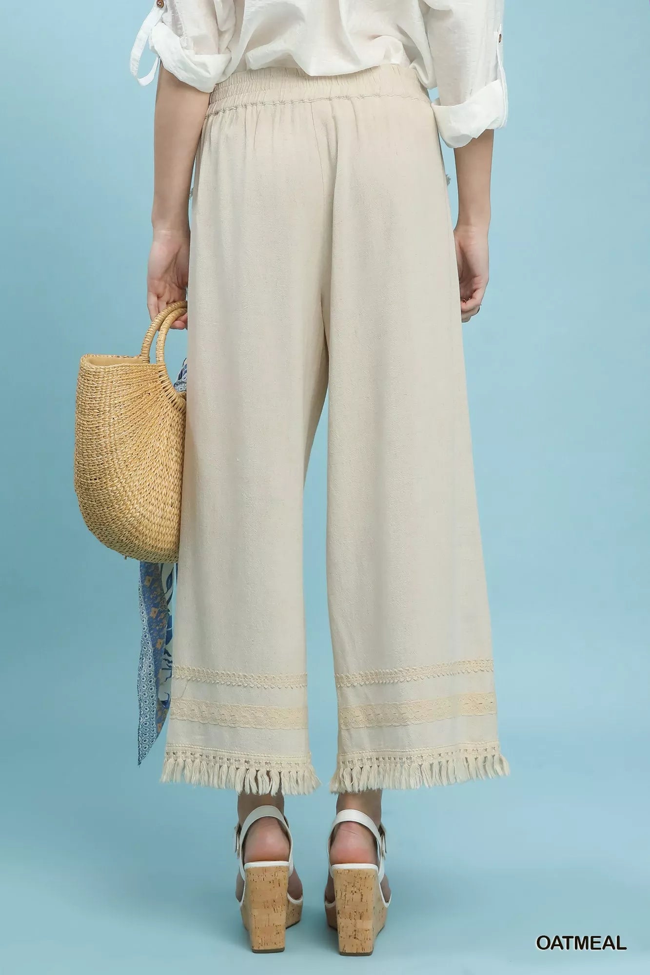 Umgee Lace Trim Fringe Hem Wide Leg Pants