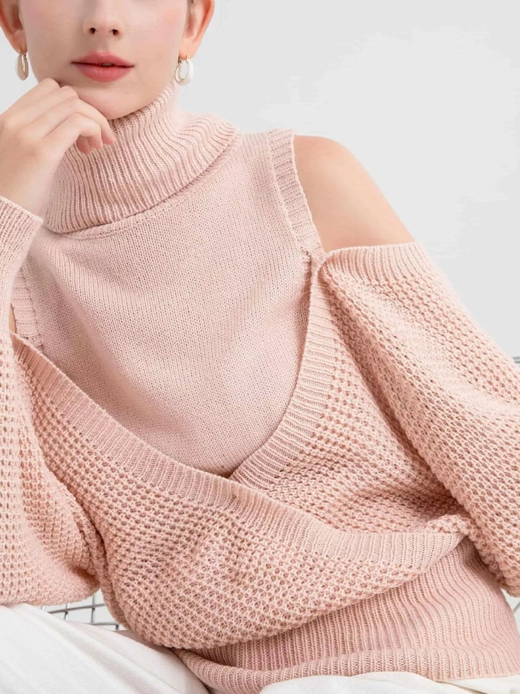 Waffle Knit Cold Shoulder Turtleneck Sweater