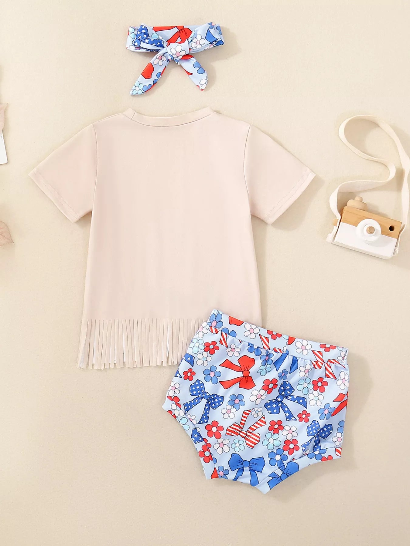 Children's Cow Floral Graphic Fringe Tee and Shorts Set with Headband